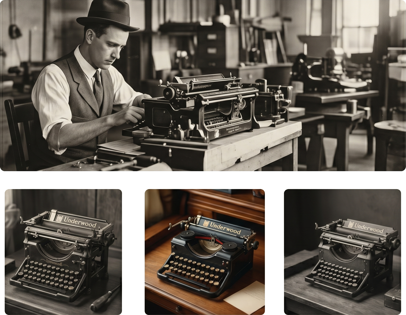 Vintage typewriter repair shop collage